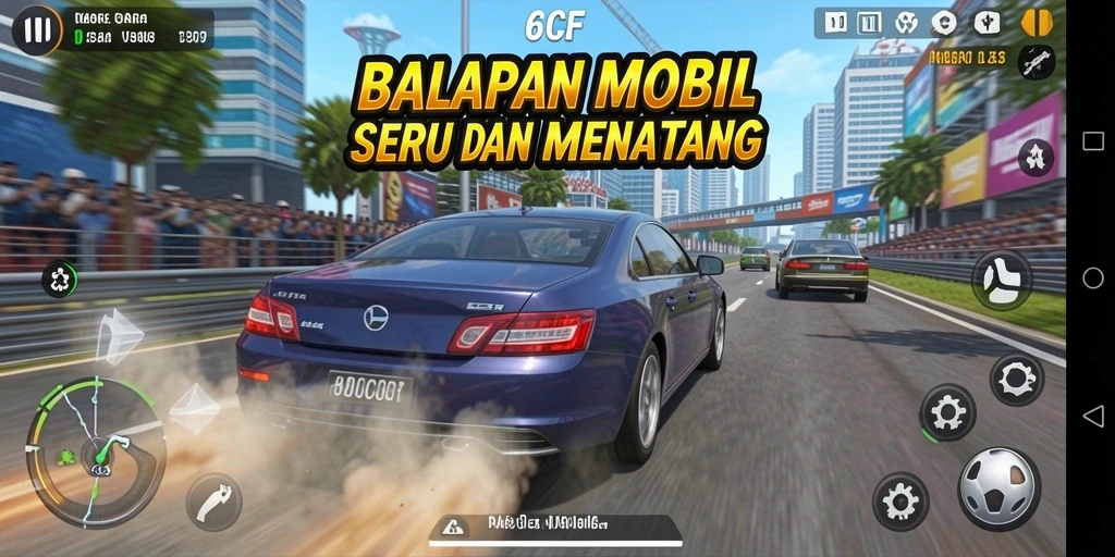 Tampilan gameplay 6CF dengan mobil balap yang beraksi di lintasan.
