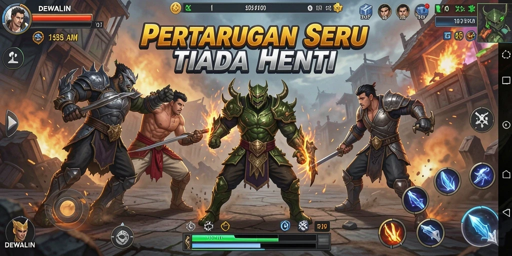 Screenshot gameplay DEWALIN menampilkan pertarungan seru antara karakter.