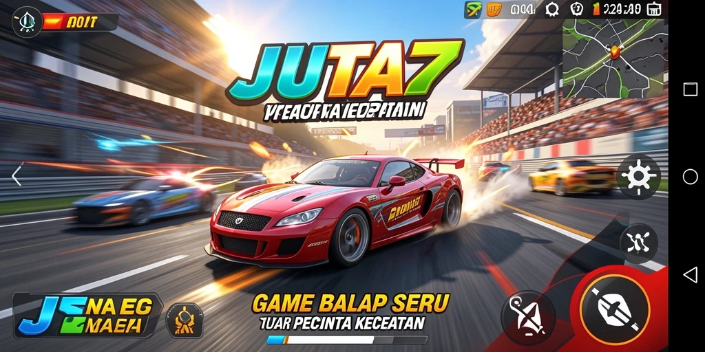 Tampilan gameplay JUTA7 dengan mobil balap terbaru melaju di lintasan.
