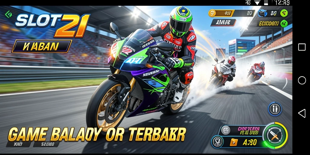 Gameplay SLOT21 menampilkan balapan motor mendebarkan di berbagai trek.