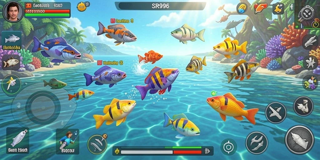 Screenshot gameplay SR996 menunjukkan aksi menembak ikan yang seru.
