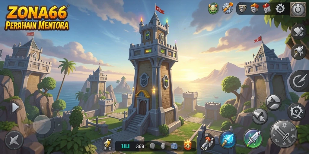 Tangkapan layar gameplay ZONA66 menampilkan menara dan musuh yang beragam.
